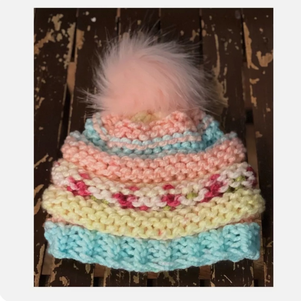Handmade Hand Crafted Hat with Fur Pompom, girl’s hat